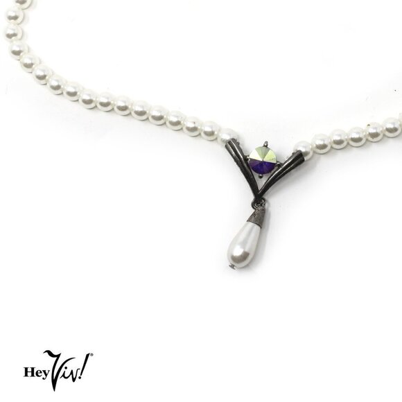 Vintage Faux Pearl Necklace w Center Rhinestone Pearl Drop - 15" Choker - Picture 2 of 6